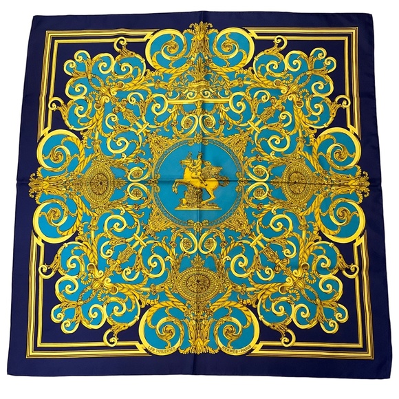 HERMES NAVY MULTI LES TUILERIES PRINT SQUARE SILK TWILL SCARF - Picture 1 of 10